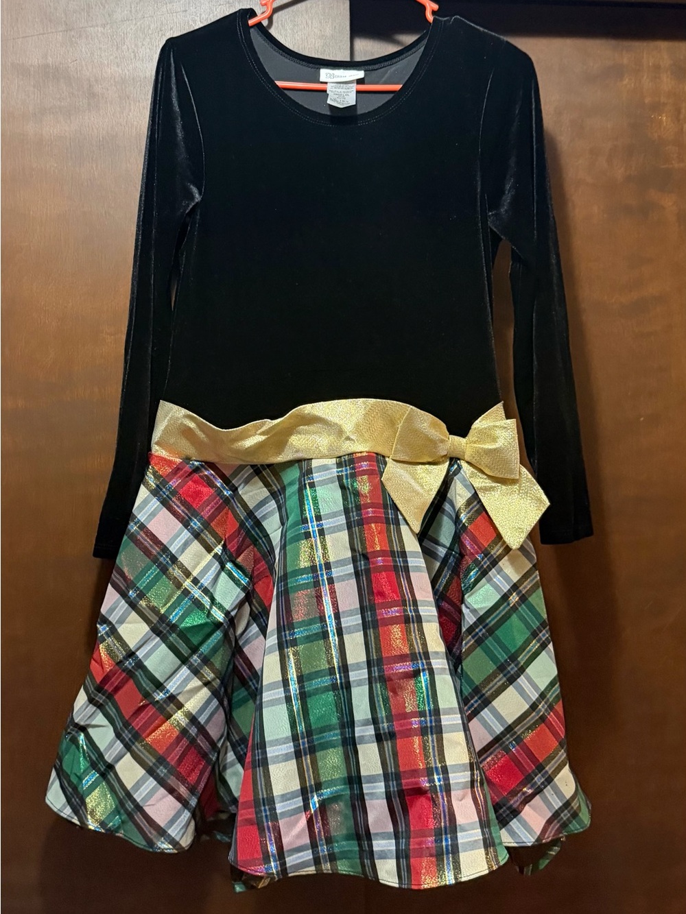 Bonnie Jean Black Velvet Top Plaid Holiday Dress with Gold Bow